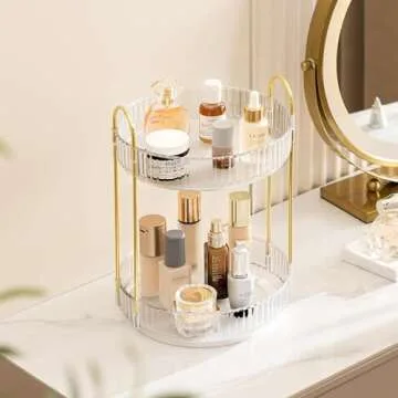 Vorey 360 Rotating Makeup Organizer Countertop Clear 2 Tier Bathroom Organizer Spinning Perfume Organizers, Skincare Organizers Makeup Carousel Cosmetic Brush Storage for Vanity, Countertop