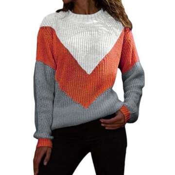 shermie Women's Long Sleeve Crew Neck Sweater Colorblock Casual Knitted Pullover Sweaters (Small, Wh...