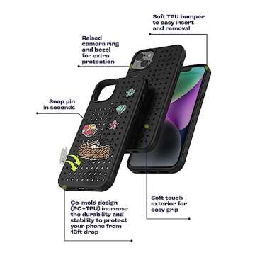Pinit Personalized DIY Case for iPhone 14 with 6 Pins/Charms in This Bundle, Heat-Dissipation, [Military-Grade Protection], Special Patterns & Stylish Cell Phone Cases - Black, 7 in 1