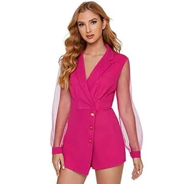SheIn Women's Notch Collar Mesh Sleeve Button Wrap Trim Jumpsuit Short Wide Leg Romper Hot Pink Small