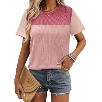 Zeagoo Tops for Women Color Block Tunic Tops Crewneck Short Sleeve T-Shirts Cute Blouses Summer Loose Tops and Blouses Resort Wear for Women 2025 Pink S