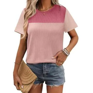 Zeagoo Tops for Women Color Block Tunic Tops Crewneck Short Sleeve T-Shirts Cute Blouses Summer Loose Tops and Blouses Resort Wear for Women 2025 Pink S