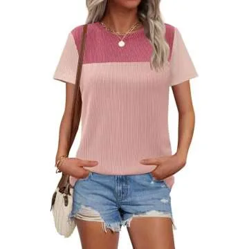 Zeagoo Tops for Women Color Block Tunic Tops Crewneck Short Sleeve T-Shirts Cute Blouses Summer Loose Tops and Blouses Resort Wear for Women 2025 Pink S