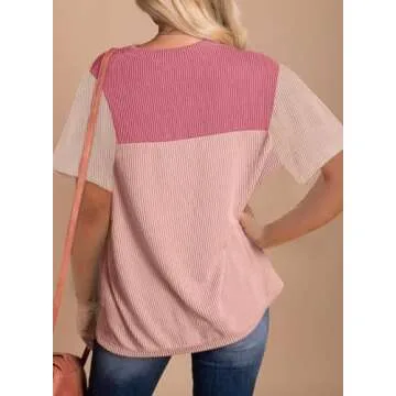 Zeagoo Tops for Women Color Block Tunic Tops Crewneck Short Sleeve T-Shirts Cute Blouses Summer Loose Tops and Blouses Resort Wear for Women 2025 Pink S