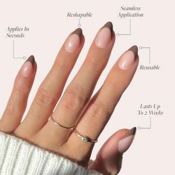 Glamnetic Press On Nails - Chocolat | Semi-Transparent Dark Brown French Tip Short Almond False Nails, Reusable Stick On Fake Nails with Glue | Salon Quality | 15 Sizes - 30 Nail Kit