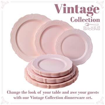 Silver Spoons Disposable Dinnerware Set|Vintage Collection, 10 Servings, Blush
