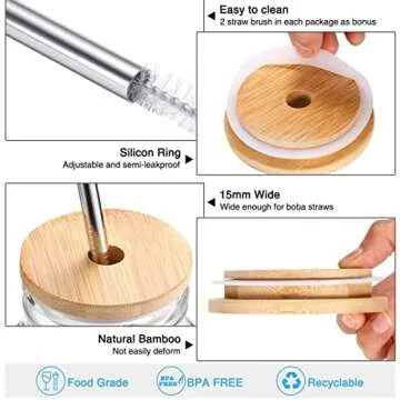 8 Pack Mason Bamboo Jar Lids with Straw Hole Reusable Bamboo Canning Jar Lids for Regular Mouth Mason Jar (70mm with Hole)