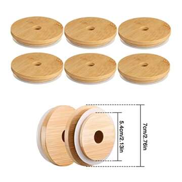 8 Pack Mason Bamboo Jar Lids with Straw Hole Reusable Bamboo Canning Jar Lids for Regular Mouth Mason Jar (70mm with Hole)