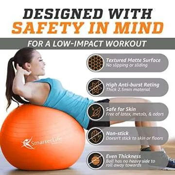 SmarterLife Exercise Ball Yoga Ball for Fitness, Balance, Stability, or Pregnancy, Gym Ball for Core Workout, Physical Therapy, Yoga Ball Chair for Office, Anti-Slip Anti-Burst (45 cm, Orange)