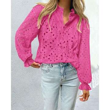 PRETTYGARDEN Women's Dressy Casual Blouse Tops Fall Spring Puff Long Sleeve Button V Neck Hollow Out Lace Embroidered Shirts (Rose Red,XX-Large)
