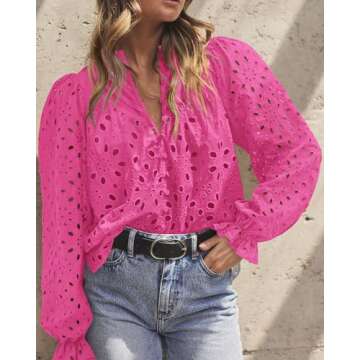 PRETTYGARDEN Women's Dressy Casual Blouse Tops Fall Spring Puff Long Sleeve Button V Neck Hollow Out Lace Embroidered Shirts (Rose Red,XX-Large)