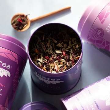 JusTea PURPLE RAIN | Loose Leaf Purple Tea | Tin with Hand Carved Tea Spoon | 40+ Cups (2.8oz) | Very Low Caffeine | Award-Winning | Fair Trade | Non-GMO