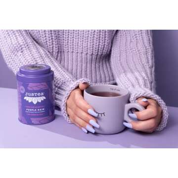 JusTea PURPLE RAIN | Loose Leaf Purple Tea | Tin with Hand Carved Tea Spoon | 40+ Cups (2.8oz) | Very Low Caffeine | Award-Winning | Fair Trade | Non-GMO