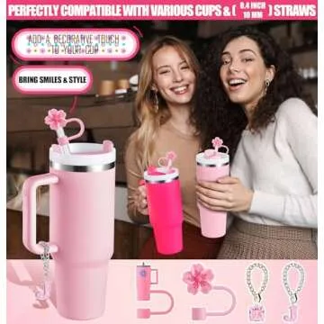 Straw Cover for Stanley Cup Accessories - Unique Crystal Letter Charms for Stanley Cups, Cute Flower & Cup Silicone Straws Topper Covers for 30 & 40 0z Tumbler with Handle, 10mm 0.4in Straw Lid Cap