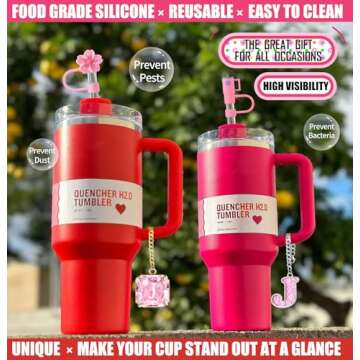 Straw Cover for Stanley Cup Accessories - Unique Crystal Letter Charms for Stanley Cups, Cute Flower & Cup Silicone Straws Topper Covers for 30 & 40 0z Tumbler with Handle, 10mm 0.4in Straw Lid Cap
