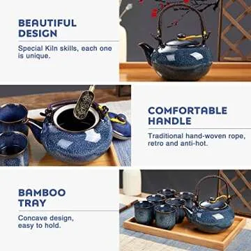 DUJUST Japanese Tea Set for 6, Kiln Altered Glaze Porcelain Tea Set with 1 Teapot, 6 Tea Cups & 1 Tea Tray, Unique Chinese Tea Set for Adults/Tea Lovers/Women/Men, Blue