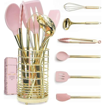 Luxury Gold & Pink Kitchen Utensil Set with Holder - Elegant Cooking Tools