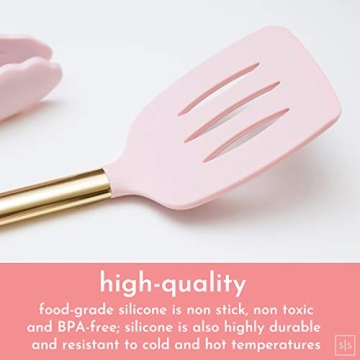Gold Pink Kitchen Utensil Set with Holder - Stylish Cooking Tools