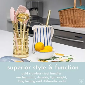 Gold Pink Kitchen Utensil Set with Holder - Stylish Cooking Tools