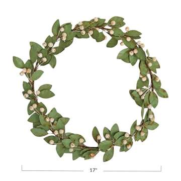 Creative Co-Op Round Painted Metal Leaf and Berry Wreath, Green and Antique Pink