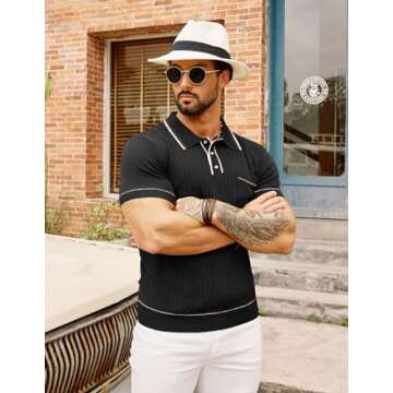 PJ PAUL JONES Men's Retro Short Sleeve Knit Shirts Ribbed Pocket Polo Black L