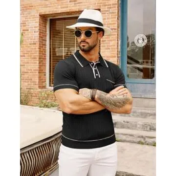 PJ PAUL JONES Men's Retro Short Sleeve Knit Shirts Ribbed Pocket Polo Black L