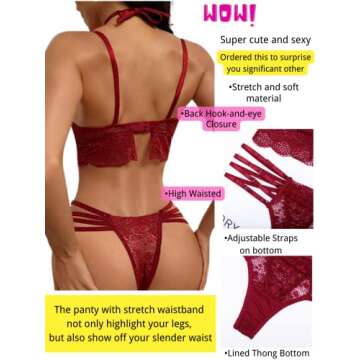 Kaei&Shi Sexy Bra And Panty Sets,Underwire Strappy Floral Lace Lingerie For Women,High Waisted Sheer Choker Matching Two Piece Lingerie Set Valentine Day Wine Red Large
