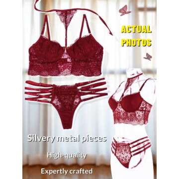 Kaei&Shi Sexy Bra And Panty Sets,Underwire Strappy Floral Lace Lingerie For Women,High Waisted Sheer Choker Matching Two Piece Lingerie Set Valentine Day Wine Red Large