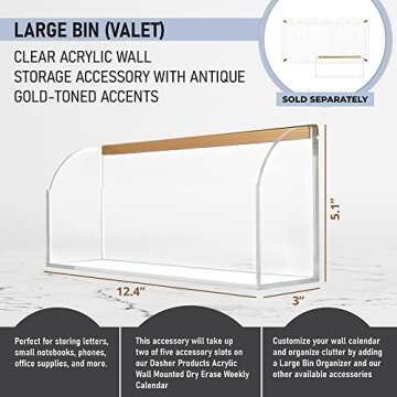 Acrylic Storage Bin for Clear Wall Calendar, 12.4" x 3" x 5.1" Organizer with Gold-Tone Hardware for...