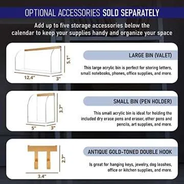 Acrylic Storage Bin for Clear Wall Calendar, 12.4" x 3" x 5.1" Organizer with Gold-Tone Hardware for Pens, Pencils, Office Supplies, and Art Supplies. Perfect Accessory for Home & Office (Storage Bin)