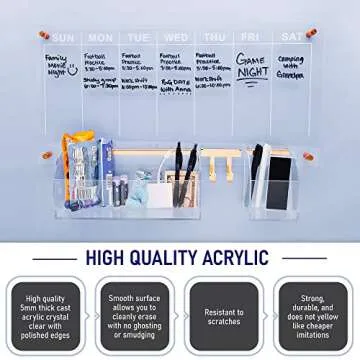 Acrylic Storage Bin for Clear Wall Calendar, 12.4" x 3" x 5.1" Organizer with Gold-Tone Hardware for Pens, Pencils, Office Supplies, and Art Supplies. Perfect Accessory for Home & Office (Storage Bin)