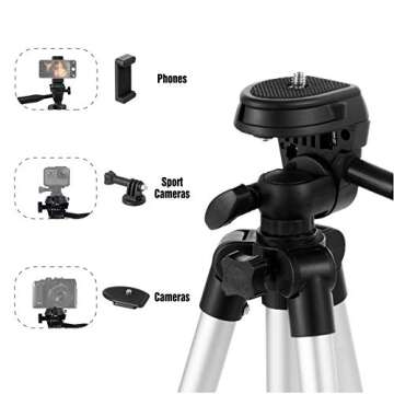 Phone Tripod Stand Camera Mount - 42" Tripod for iPhone with Remote Shutter - Phone Holder and GoPro Adapter Compatible with Android Cellphones/iPhone/Camera - Lightweight - Extendable - Silver
