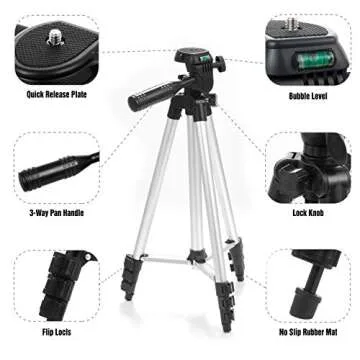 Phone Tripod Stand Camera Mount - 42" Tripod for iPhone with Remote Shutter - Phone Holder and GoPro Adapter Compatible with Android Cellphones/iPhone/Camera - Lightweight - Extendable - Silver