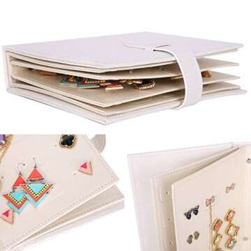 Csinos Earring Organizer, Portable Travel Jewelry Case Pu Leather Earring Holder with Book Design(White)