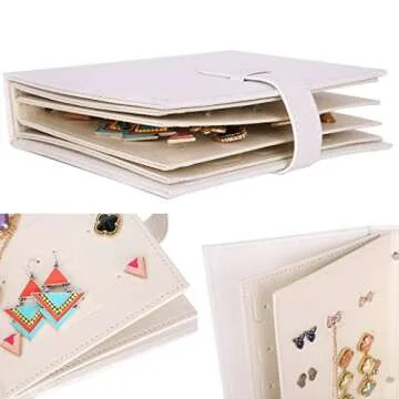 Csinos Earring Organizer, Portable Travel Jewelry Case Pu Leather Earring Holder with Book Design(White)