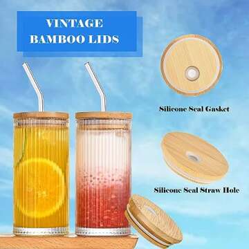 Ribbed Drinking Glasses Set of 4, Glass Cups with Bamboo Lids and Straws, Vintage Ribbed Kitchen Glassware Set, 14 Oz Clear Highball Beverage Glasses for Water, Juice, Beer, Coffee, Tea, Milk