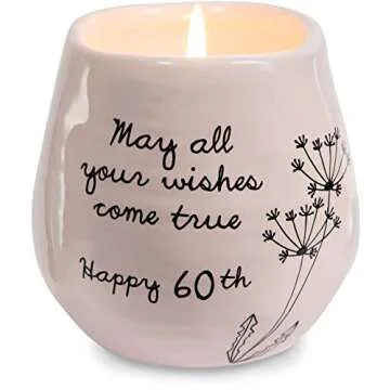 Pavilion - 8 Oz Candle Holder - Pink Ceramic Candle Jar with 100% Soy Wax Candle Serenity Scent "May all your wishes come true Happy 60th" Ideal Gift for Loved Ones - Printed Text, Love Theme & Oval