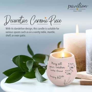 Pavilion - 8 Oz Candle Holder - Pink Ceramic Candle Jar with 100% Soy Wax Candle Serenity Scent "May all your wishes come true Happy 60th" Ideal Gift for Loved Ones - Printed Text, Love Theme & Oval