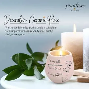 Pavilion - 8 Oz Candle Holder - Pink Ceramic Candle Jar with 100% Soy Wax Candle Serenity Scent "May all your wishes come true Happy 60th" Ideal Gift for Loved Ones - Printed Text, Love Theme & Oval
