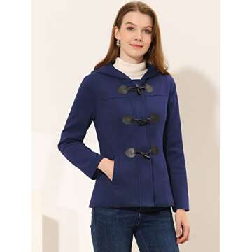 Allegra K Women's Casual Winter Outwear Hooded Button Peacoat Toggle Duffle Coat Small Navy Blue