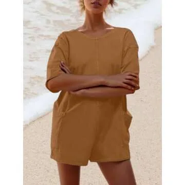 AnotherChill Womens Athletic Romper With Pockets Workout Tee Rompers Backless Oversized Onesie Casua...