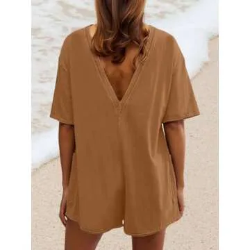 AnotherChill Womens Athletic Romper With Pockets Workout Tee Rompers Backless Oversized Onesie Casual Activewear (Coffee, Small)