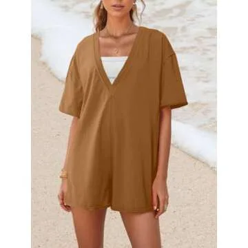 AnotherChill Womens Athletic Romper With Pockets Workout Tee Rompers Backless Oversized Onesie Casual Activewear (Coffee, Small)