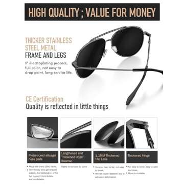 LUENX Men Women Aviator Sunglasses Polarized - UV 400 Protection Grey Non-Mirrored Lens Metal Frame with Accessories