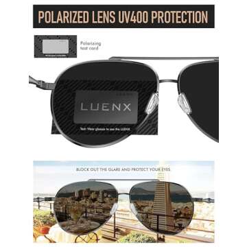 LUENX Men Women Aviator Sunglasses Polarized - UV 400 Protection Grey Non-Mirrored Lens Metal Frame with Accessories