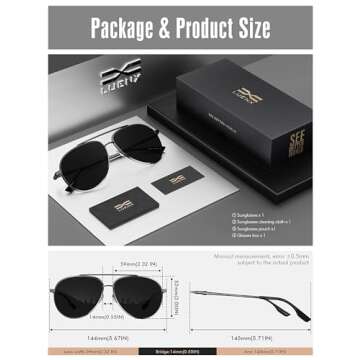 LUENX Men Women Aviator Sunglasses Polarized - UV 400 Protection Grey Non-Mirrored Lens Metal Frame with Accessories