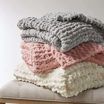 Madison Park Chenille Chunky Knit Handmade Throw Blanket, Luxuriously Soft Gift Blankets, Cottage Style Room Décor, Lightweight & Breathable All Seasons Throw Blanket for Couch, 50" W x 60" L Ivory