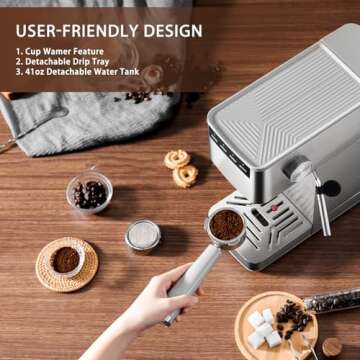 Espresso Machine with Milk Frother, Stainless Steel Espresso Maker, Cappuccino Latte Machine with 41oz Removable Water Tank, Cup Warmer, Easy to Clean Coffee Machine for Home Apartment