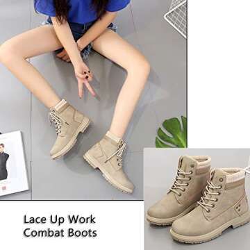 Athlefit Women's Work Waterproof Hiking Combat Boots Lace up Low Heel Booties Ankle Boots size 9 KHAKI