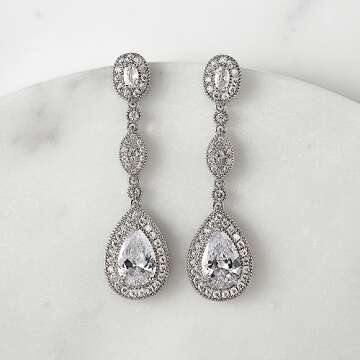 SWEETV Teardrop Bridal Earrings - Elegant Cubic Zirconia Jewelry